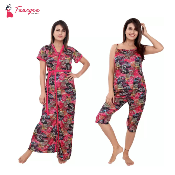 Fancyra Women Satin Honeymoon Wear Sleepwear Women Printed Nighty Set Of 3 Free Size - Image 4