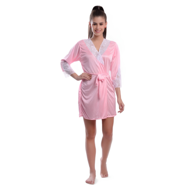 Fancyra Women Satin Lace Baby Pink Cute Nightwear Robe Nighty - Image 2