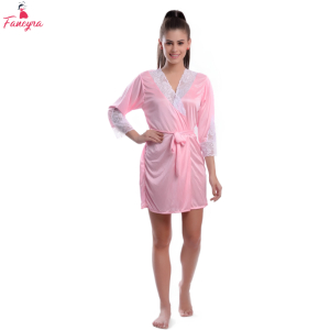 Fancyra Women Satin Lace Baby Pink Cute Nightwear Robe Nighty