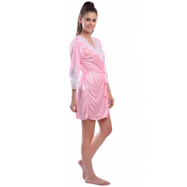 Fancyra Women Satin Lace Baby Pink Cute Nightwear Robe Nighty - Image 5