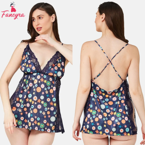 Fancyra Women Satin Lace Printed Babydoll Lingerie Side Slit Sleepwear