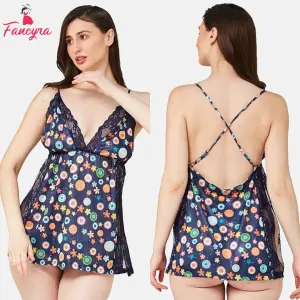 Fancyra Women Satin Lace Printed Babydoll Lingerie Side Slit Sleepwear