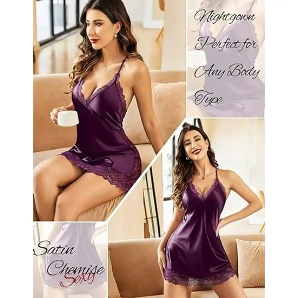 Fancyra Women Satin Lace Trim Chemise Hot Babydoll Lingerie - Image 3