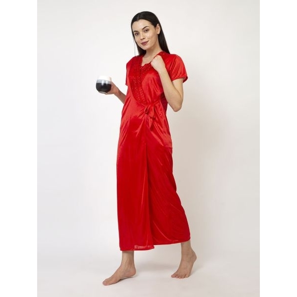 Fancyra Women Satin Lace Trim Nighty 3 Pc Set, Long Outer Robe with Bra Panty Set - Image 4