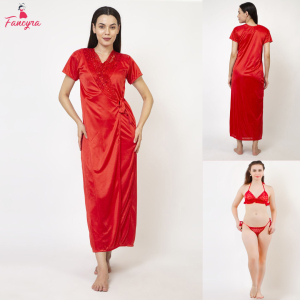 Fancyra Women Satin Lace Trim Nighty 3 Pc Set