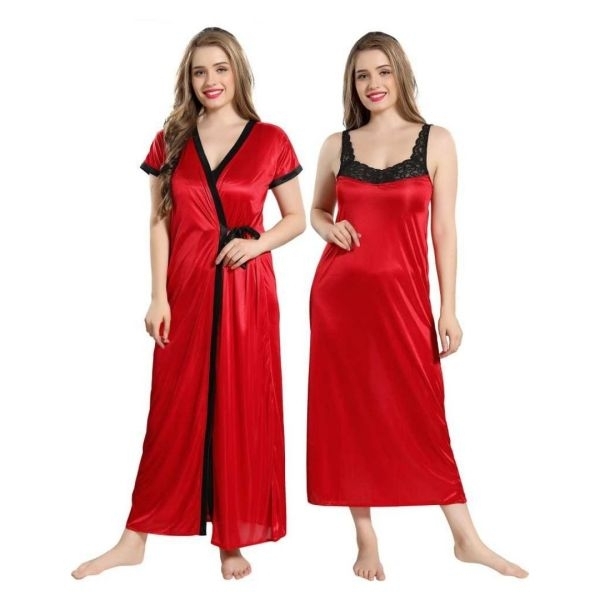 Fancyra Women Satin Maxi Nighty With Robe For Nightwear Free Size Red Color - Image 2