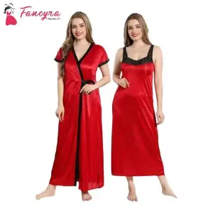 Fancyra Women Satin Maxi Nighty With Robe For Nightwear Free Size Red Color