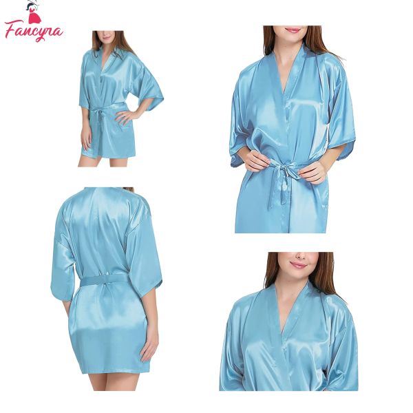 Fancyra Women Satin Nightdress Kimono Robe Nightwear Nighty Free Size Blue Color