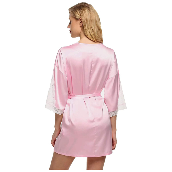 Fancyra Women Satin Nightwear Kimono Robe V Neck Nightdress With Lace Design Free Size Light Pink Color - Image 2