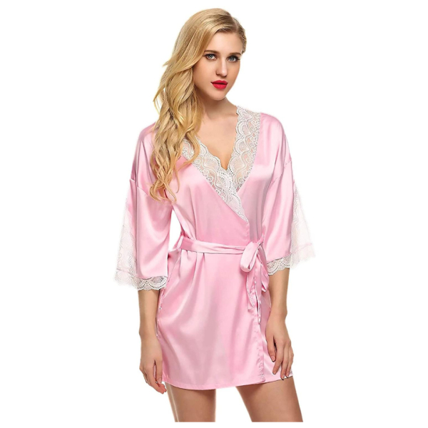 Fancyra Women Satin Nightwear Kimono Robe V Neck Nightdress With Lace Design Free Size Light Pink Color - Image 4