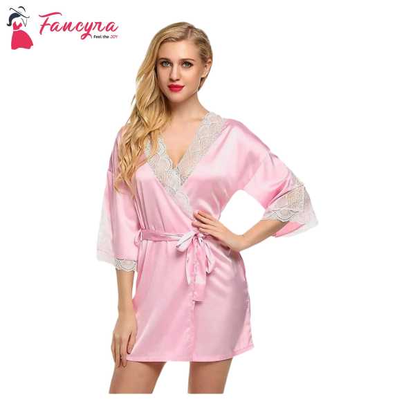 Fancyra Women Satin Nightwear Kimono Robe V Neck Nightdress With Lace Design Free Size Light Pink Color