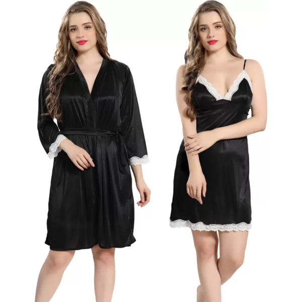 Fancyra Women Satin Nighty Sleepwear Nightdress Combo Set with Robe Free Size - Image 2