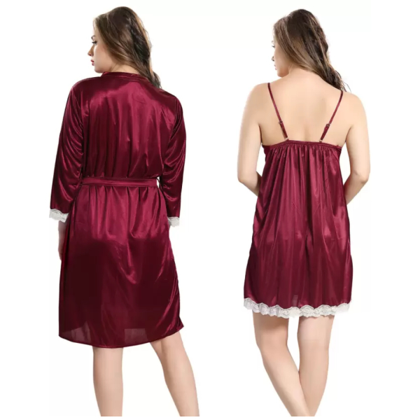 Fancyra Women Satin Nighty Sleepwear Nightdress Combo Set with Robe Free Size - Image 3
