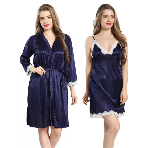 Fancyra Women Satin Nighty Sleepwear Nightdress Combo Set with Robe Free Size - Image 3