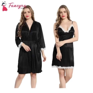 Fancyra Women Satin Nighty Sleepwear Nightdress Combo Set with Robe Free Size