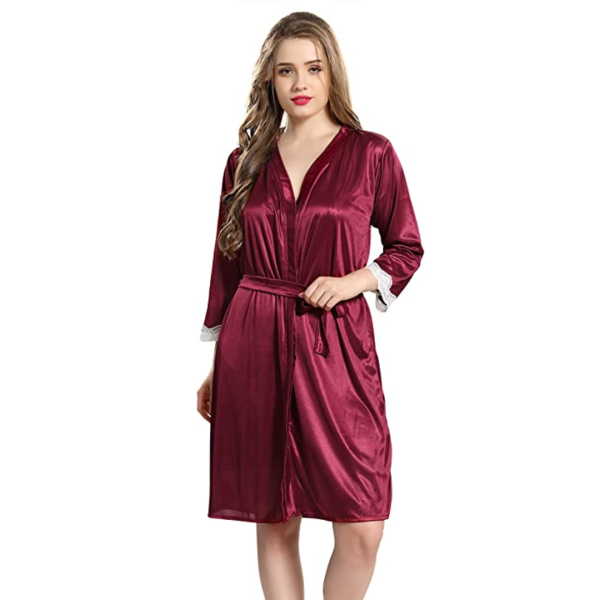 Fancyra Women Satin Nighty Sleepwear Nightdress Combo Set with Robe Free Size - Image 5