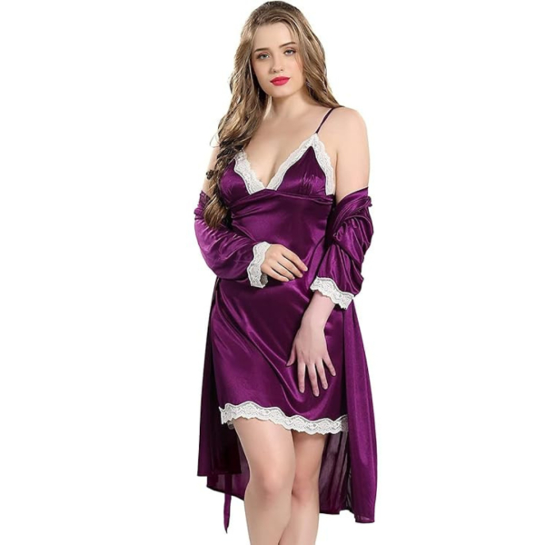 Fancyra Women Satin Nighty Sleepwear Nightdress Set with Robe - Image 3