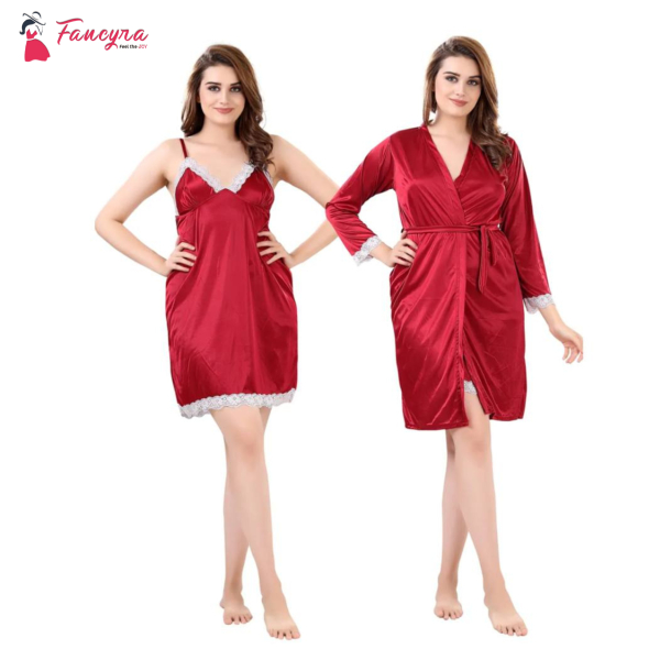 Fancyra Women Satin Nighty Sleepwear Nightdress Set with Robe Free Size - Image 2
