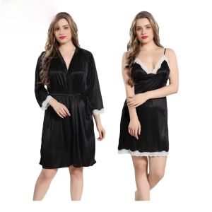 Fancyra Women Satin Nighty Sleepwear Nightdress Set With Robe Free Size