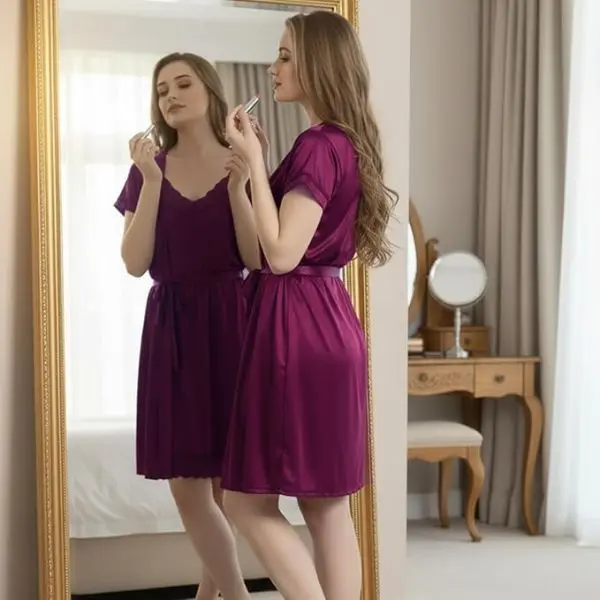 Fancyra Women Satin Purple Short Nighty with Lace and Robe Set - Image 2