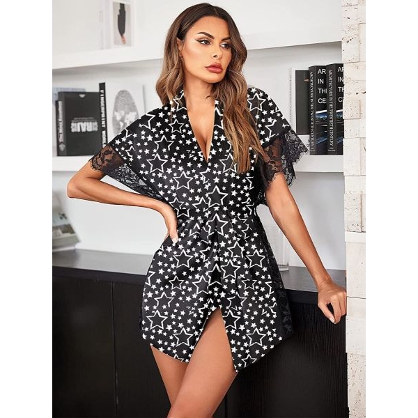 Fancyra Women Satin Sleepwear Eyelash Lace Kimono Side Split Silk Robes Nightwear Lingerie - Image 3