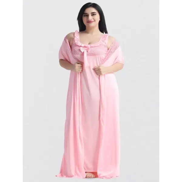 Fancyra Women Satin Solid 2 Piece Nighty with Robe Nightwear Set Free Size - Image 2