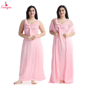 Fancyra Women Satin Solid 2 Piece Nighty with Robe Nightwear Set Free Size