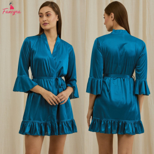 Fancyra Women Satin Solid Elegant Ruffle Hem Nightwear Sleepwear Robe
