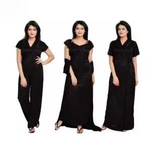 Fancyra Women Satin Solid Night Suit Nighty and Robe Women Full Length Set