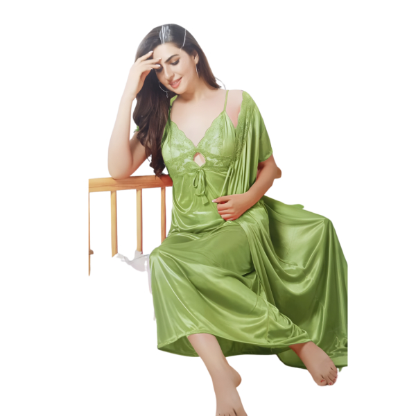 Fancyra Women Satin Solid Two Piece Set Maxi Nighty Sleepwear - Image 2