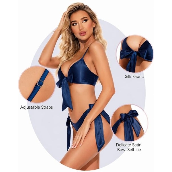 Fancyra Women Satin Tie Up Two-Piece Bow Knot Design Bra and Panty Lingerie Set - Image 5