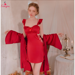 Fancyra Women Satin Two Piece Set Inner Nighty with Robe Nightwear