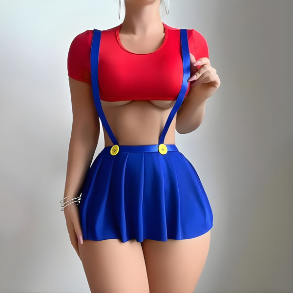 Fancyra Women Schoolgirl Cosplay Babydoll Lingerie - Red Crop Top & Blue Suspender Skirt - Image 3