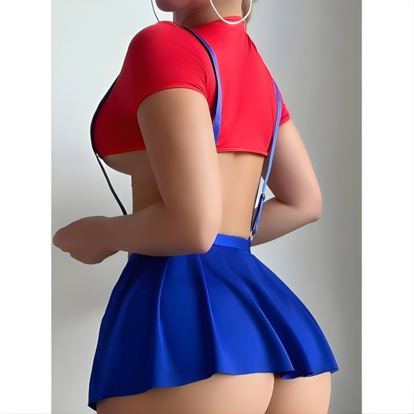 Fancyra Women Schoolgirl Cosplay Babydoll Lingerie - Red Crop Top & Blue Suspender Skirt - Image 4