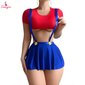 Fancyra Women Schoolgirl Cosplay Babydoll Lingerie - Red Crop Top & Blue Suspender Skirt