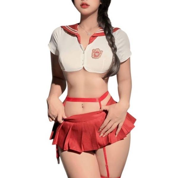 Fancyra Women Schoolgirl Costume Babydoll Crop Top with Sailor Collar, Pleated Mini Skirt, Roleplay Outfit Lingerie - Image 5