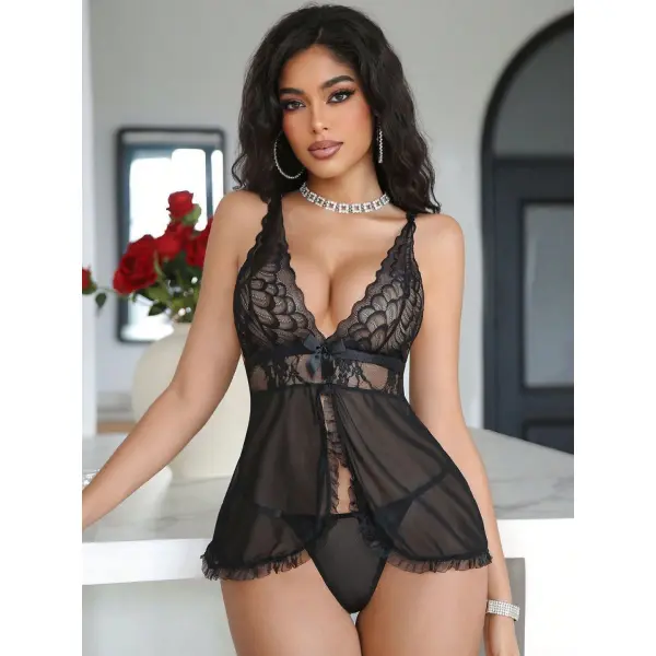 Fancyra Women See Through Floral Lace Open Front Babydoll Lingerie Nighty - Image 4