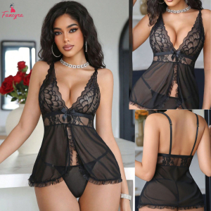 Fancyra Women See Through Floral Lace Open Front Babydoll Lingerie Nighty