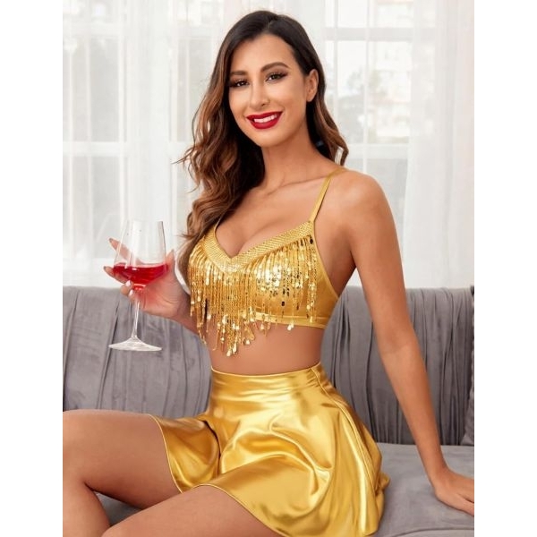 Fancyra Women Sequin Fringe Crop Top and Skirt Hot Lingerie Set - Image 2