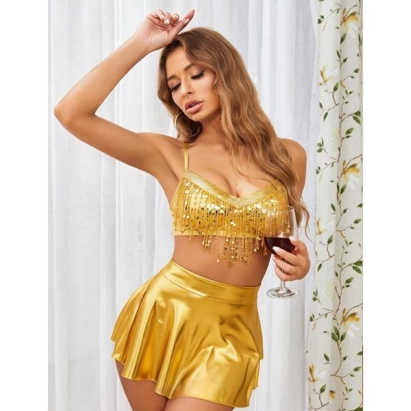 Fancyra Women Sequin Fringe Crop Top and Skirt Hot Lingerie Set - Image 4