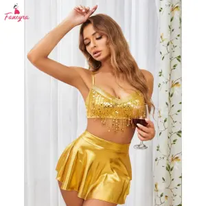 Fancyra Women Sequin Fringe Crop Top and Skirt Hot Lingerie Set