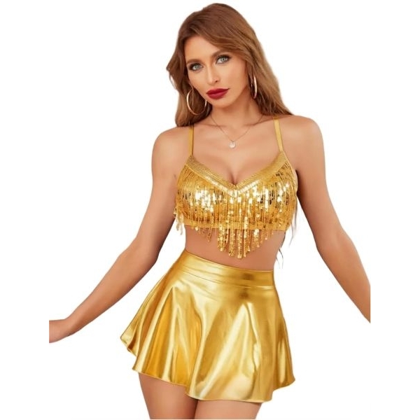 Fancyra Women Sequin Fringe Crop Top and Skirt Hot Lingerie Set - Image 5