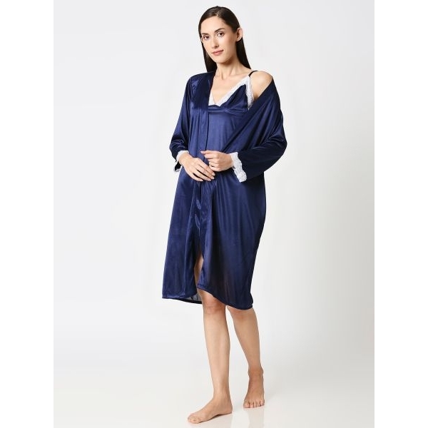 Fancyra Women Set of 2 Pieces Elegant Lace Trim Inner Nighty with Outer Robe Nightwear Set - Image 2