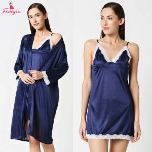 Fancyra Women Set of 2 Pieces Elegant Lace Trim Inner Nighty with Outer Robe Nightwear Set