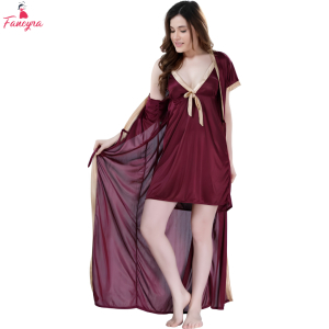 Fancyra Women Set of 2 Pieces Elegant Short Inner Nighty with Long Outer Robe Nightwear