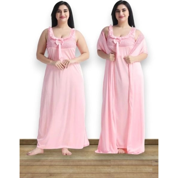 Fancyra Women Set of 2 Pieces Satin Solid Lace Trim Sleepwear Nightwear Set - Image 2