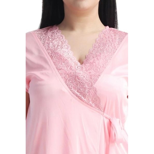 Fancyra Women Set of 2 Pieces Satin Solid Lace Trim Sleepwear Nightwear Set - Image 4