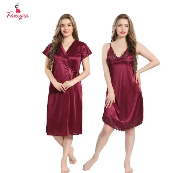 Fancyra Women Set Of 2 Satin Solid Knee Length Sleepwear Nighty With Robe - Image 2