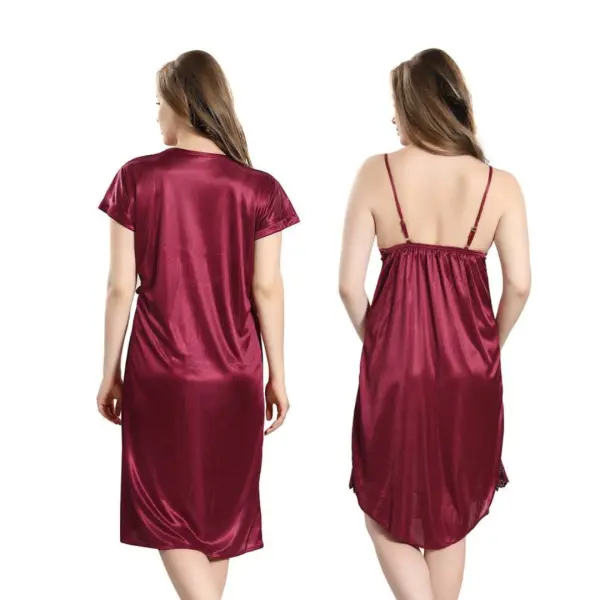 Fancyra Women Set Of 2 Satin Solid Knee Length Sleepwear Nighty With Robe - Image 3