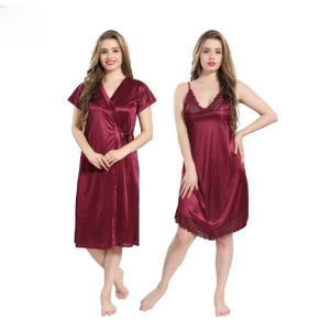 Fancyra Women Set Of 2 Satin Solid Knee Length Sleepwear Nighty With Robe